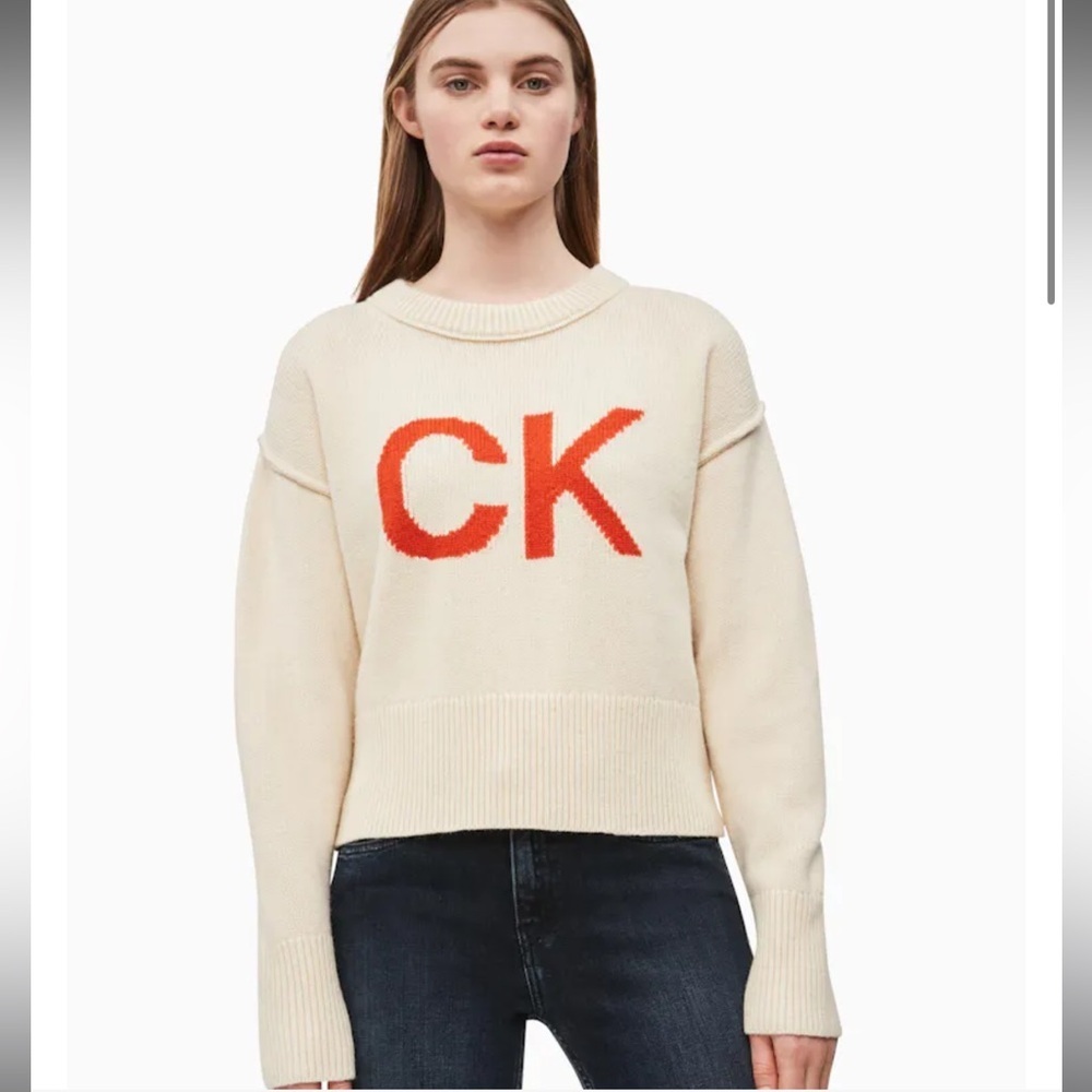 Calvin Klein Women’s CK Intarsia 100% Shetland Wool Cream Knit Sweater